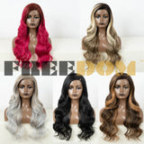 FREEDOM Synthetic Lace Front Wigs for Women C Part Wig Ombre Brown Rose Red Color Body Wave Lace Wigs Highlight Cosplay Wig