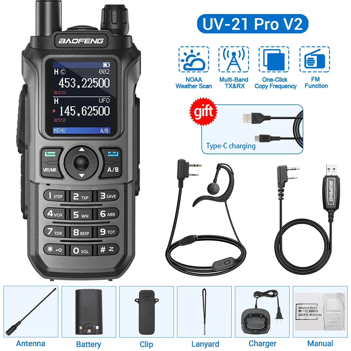 Baofeng UV-21 PRO V2 Walkie Talkie Wireless Copy Frequency 16 KM Long Range TYPE-C Two Way Radio Ham CB Radio UV-5R UV-17