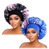 2PCS/LOT Large Satin Printed Wide-Brimmed Nightcap Elastic Head With Round Hat Women Multicolor Fashion Beauty And Hair Care Cap