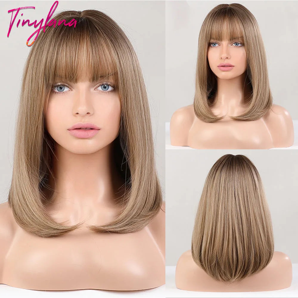 Brown Blonde Short Straight Synthetic Hair Wigs with Bangs for Women Golden Highlight Bob Wigs Cosplay Natural Heat Resistant