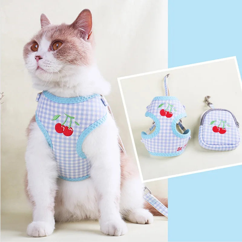 Sweet Embroidery Pattern Dog Leash Bag Functional Pet Cat Collar Harness Flower Puppy Kitten Traction Halter Outdoor Walking Pug