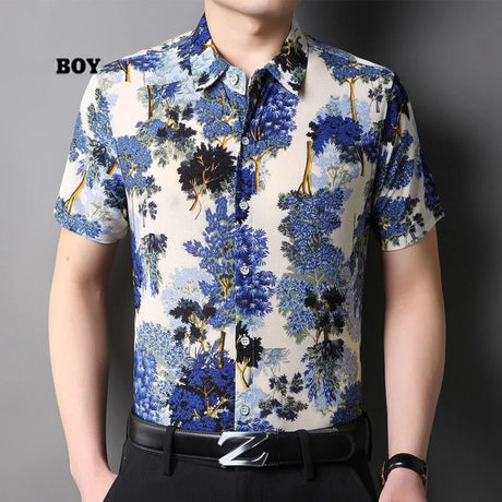 Summer Shirts for Men Short Sleeve Striped Vintage New in Tees Loose Ice Silk Graphic Printed Fashion Polo Collar Casual Tops