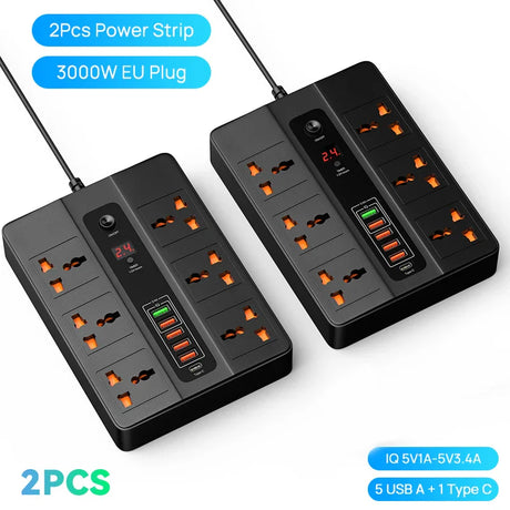 3000W 6 AC Outlets Power Strip 20W PD QC3.0 USB Fast Charger 6 Ports Type C Quick Charge Station Adapter for iPhone Samsung