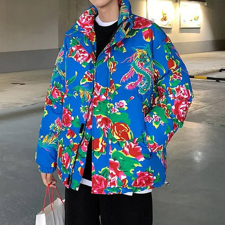 Northeast Flower Printed Thickened Cotton-padded Jacket Couple Chinese Style Causal Loose High Street Parkas Pants Suit