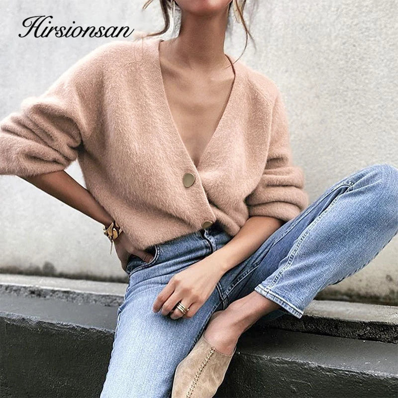 Hirsionsan Elegant Long Sleeve Mohair Sweater Women 2023 New Single-Breasted Female Short Cardigan Soft Flexible Knitted Outwear