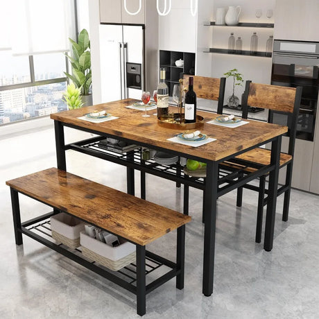 4 Pieces Dining Table Set, Industrial Dining Table with Bench and Chairs for 4, Metal Frame, Kitchen Table Set with Storage Rack