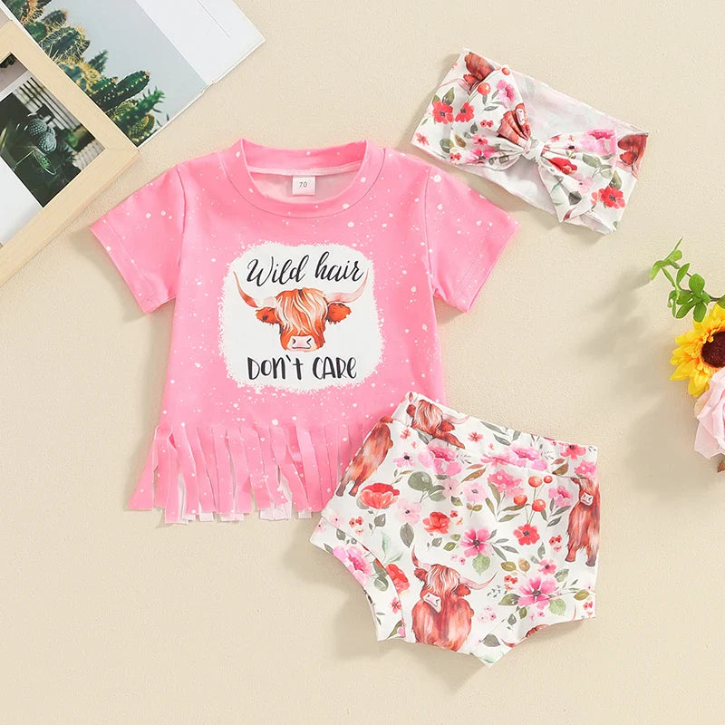 Toddler Baby Girl Western Outfit Wild Hair Don t Care Tassel T-shirt Cow Print Floral Bloomers Shorts Bow Headband