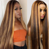 Tewjig Highlight Ombre Hair 30x40 inch 13x6 Lace Front Human Hair Wig For Women 250 Density 13X4 Bone Straight Full Lace Frontal