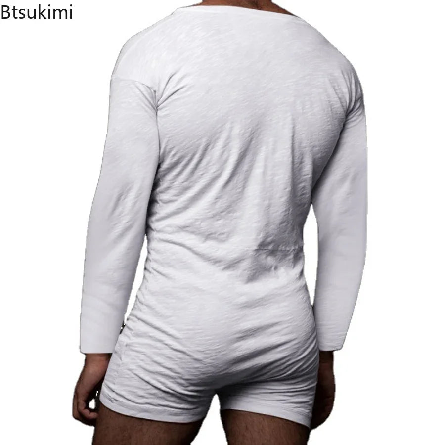 New 2024 Men's Sexy Pajamas Sets Casual One Piece Men Long Sleeve Solid Romper Single-breasted Jumpsuit Sleepwear Nightwear Male