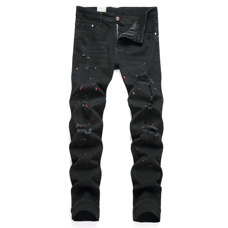 Fashion Street Style Ripped Skinny Jeans Men Vintage wash Solid Denim Trouser Mens Casual Slim fit  Black Blue denim Pants