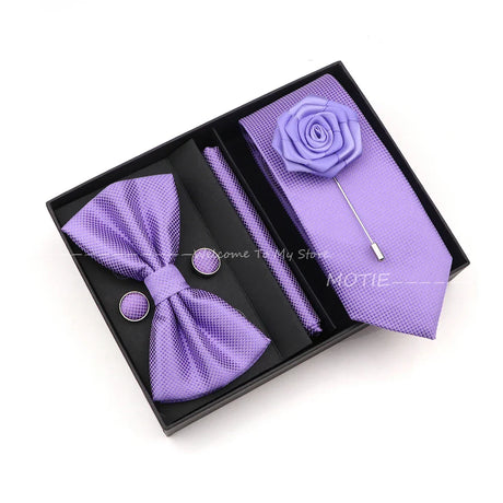 Solid Color Slim Plaid Ties Set With Box Purple Pink Bowties Handkerchiefs Brooches Cufflinks For Wedding Suit Accessories Gifts