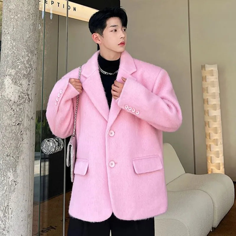 IEFB Korean Chic Male Woolen Jacket Fashion Lapel Single Breasted Pocket Coat 2023 Autumn Winter Casual Men Clothing Pink 9C2886