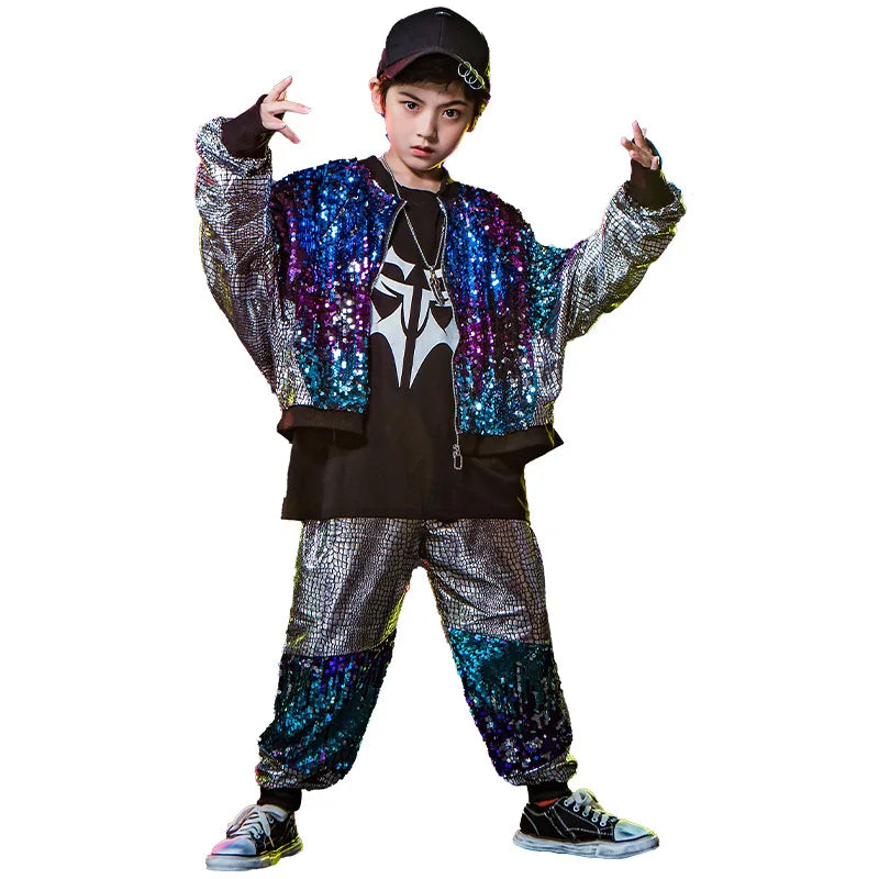 children's performance suit, drum stand, male children's glitter, silver walking show,hip-hop street dance, girl's trendy outfit