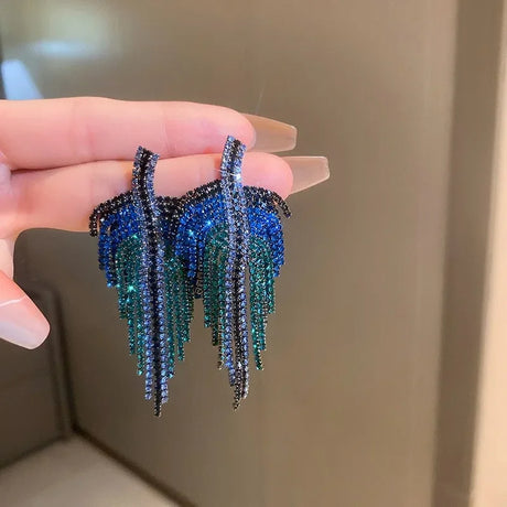 Exaggerated Blue Rhinestone Crystal Geometric Flower Long Tassel Earrings for Women Cool Drop Dangling Earring Party Jewelry