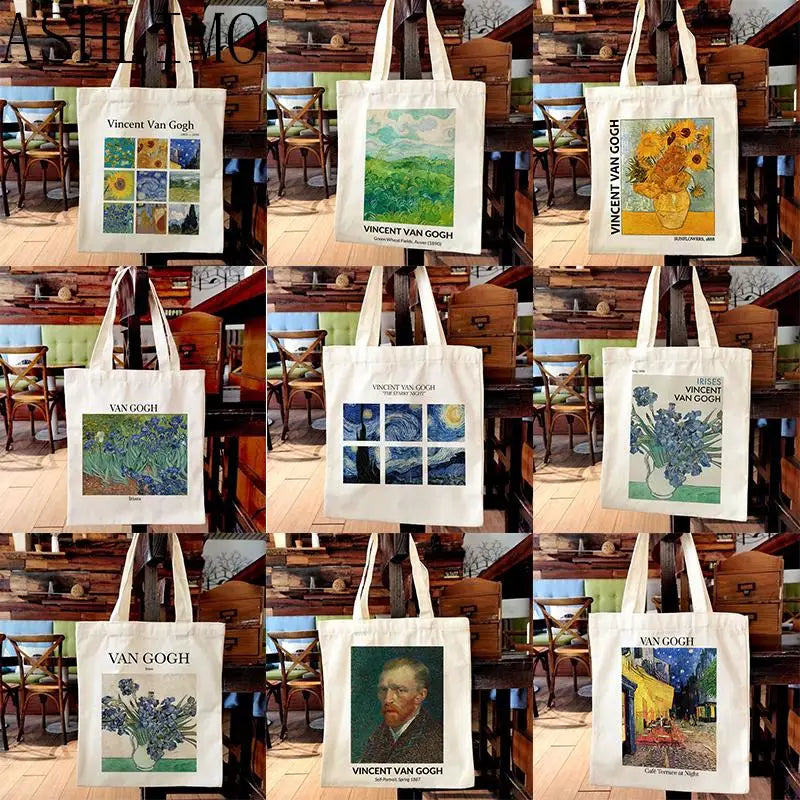 Van Gogh Painting Women Canvas Shoulder Bag High Capacity Tote Bag Aesthetics Shopping Bags Cotton Handbags Books Bag For Girls