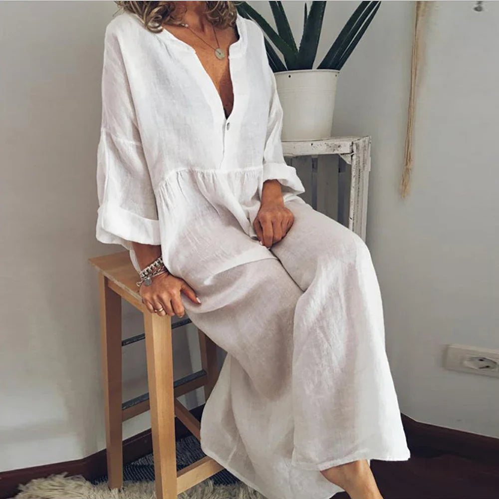 Cotton Linen Oversized Long Dress for Women Clothing 2023 Summer Plus Size Shirt Dress Female Large Size Solid Loose Blouse Skir