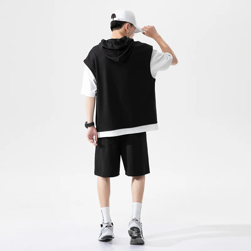 Summer Men's Large Size Sports Suit Breathable Casual Wear Wild High Street Chic Fake Two-piece Casual T-shirt Simple Shorts