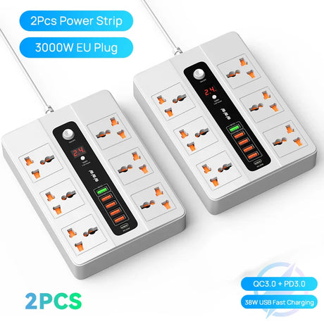 3000W 6 AC Outlets Power Strip 20W PD QC3.0 USB Fast Charger 6 Ports Type C Quick Charge Station Adapter for iPhone Samsung