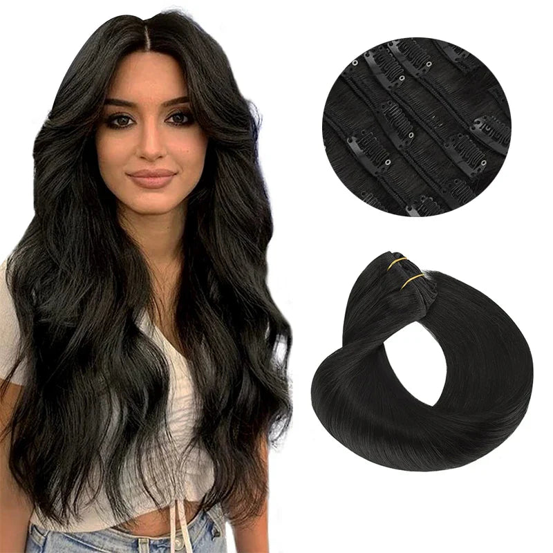 Clip In Human Hair Extensions Straight Natural Light Brown Honey Ombre Balayage Black Hair Pieces For Women Clip-in Full Head