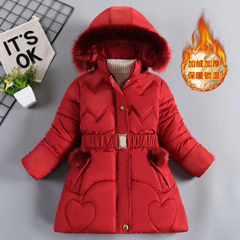 3 4 5 6 8 10 Years Winter Girls Coat Keep Warm Thicken Kids Jacket Hooded Zipper Fur Collar Princess Outerwear Children Clothing