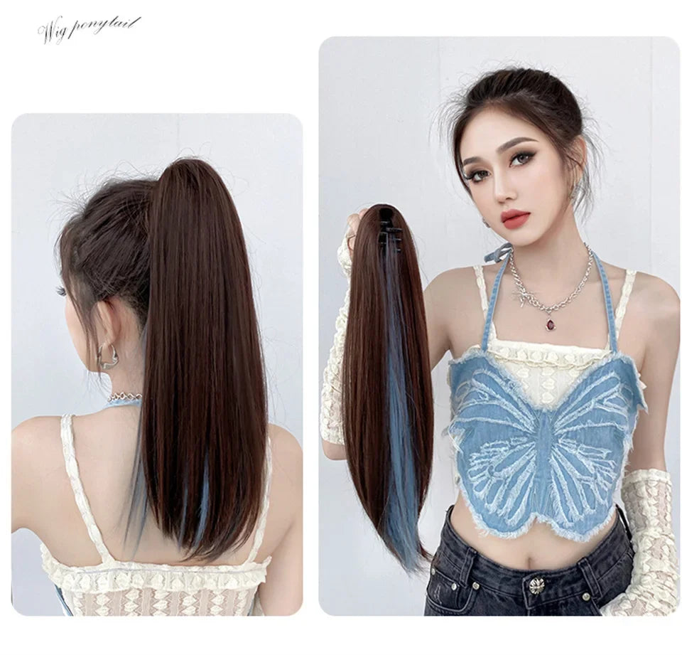 Long Wavy Straight Claw Clip On Ponytail Hair Black mixed with blue Synthetic Ponytail Hair For Women Pony Tail Hair Hairpiece