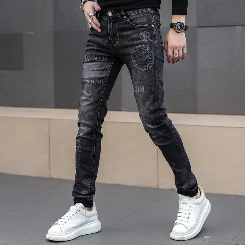 Man's Trousers Classic Distinctive Printed Black Stretch Denim Jeans for Men High Quality Slim Fit Stretch Hip Hop Denim Pants