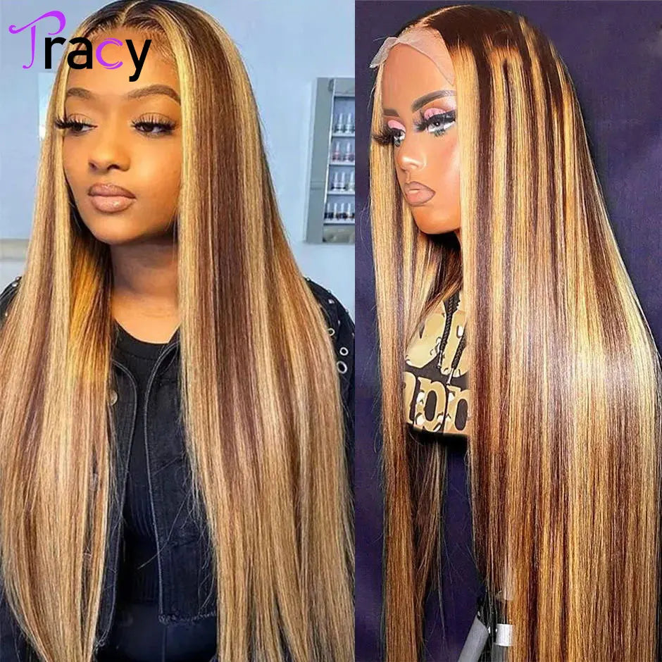 TRACY HAIR Straight Highlight Pre Cut Pre Plucked Wear Go Glueless Wig 13X4 HD Lace Frontal Wig Straight 4x4 Lace Closure Wig