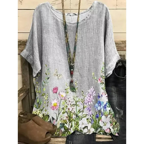 2023 New Round Collar Flower Printing Top Retro Pullover Summer Loose Short Sleeves Plus Size Tee Shirt Fashion T-Shirt S-6xl