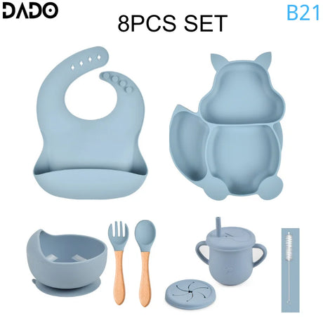 Baby Feeding Set Silicone Suction Bowls Divided Plates Straw Sippy Cup Toddler Self Eating Utensils Dishes Kit Bibs Spoons Fork