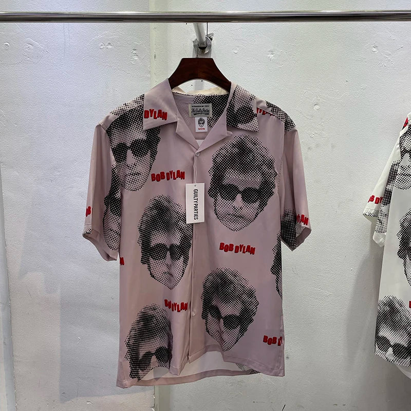 Summer New Wacko Maria Beach Shirt for Men Hip Hop Rose Red Portrait Full Print Harajuku Loose Short Sleeve Marley Same Style