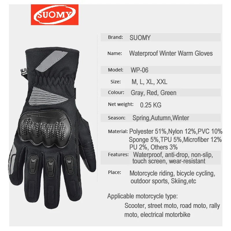 Suomy Motorcycle Gloves Winter Men Waterproof Moto Gloves   Snowmobile Gloves Touch Screen Motorbike Riding Protective Gear