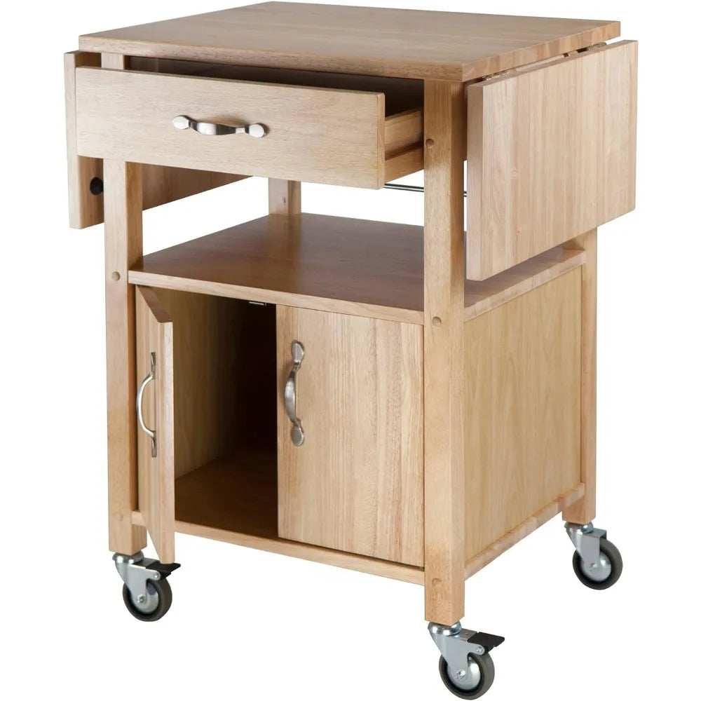 Kitchen island trolley, with storage cabinets, rolling kitchen table with solid wood countertops, drawers, natural color