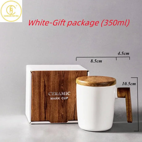 Gift Package 350ml Ceramic Coffee Mug with Wooden Handle and Lid Nordic Retro Style Smooth Surface Office Home Couple Cup