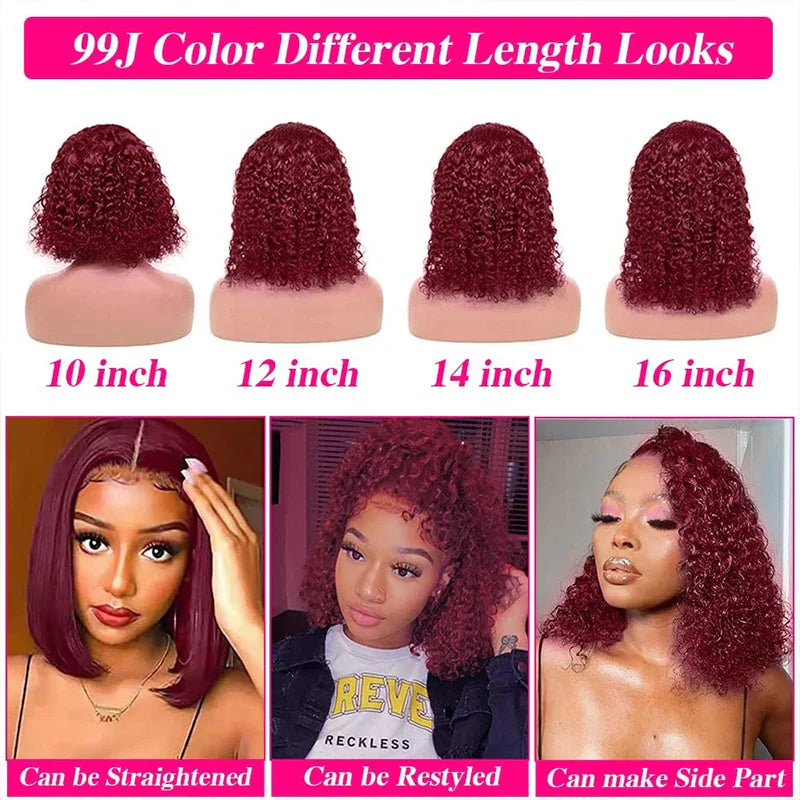 99J Burgundy Deep Wave Red Water Bob Wigs Glueless Human Hair Wigs 13x4 HD Transparent Lace Frontal Wigs Curly Wigs For Women