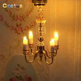 1:12 Dollhouse Miniature LED Ceiling Lamp Gold Chandelier Droplight Lighting Lights Battery Operated Furniture Model Decor Toy