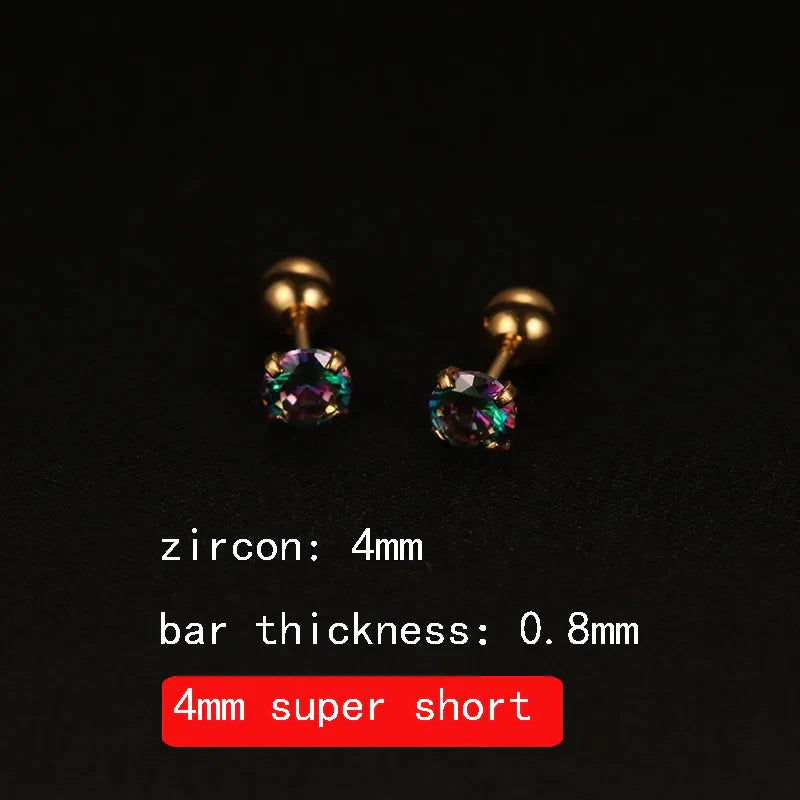 2PCS 4mm Short Ear Studs Earring Outside Upper Helix Earrings Titanium Steel CZ Crystal 3mm 4mm 5mm Mix Colors 0.8mm 20G Screw