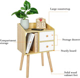 Night Stand, Bedside Table with Drawers Mid Century Modern Nightstand  Open Storage Compartment and Solid Wood Legs