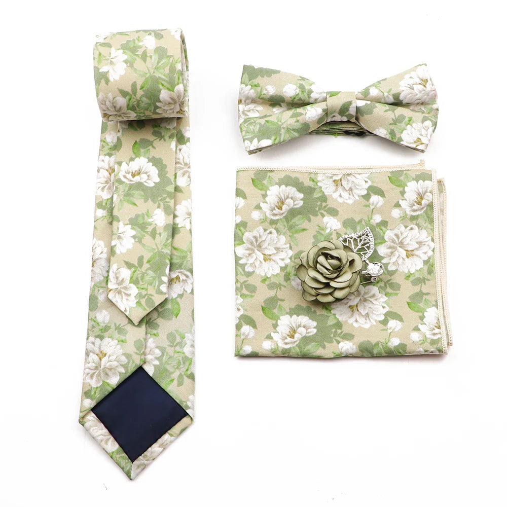 New Men's Floral Cotton Tie Three-Piece Necktie Bowtie Handkerchief Brooch For Groom Suit Wedding Cravat Shirt Accessory