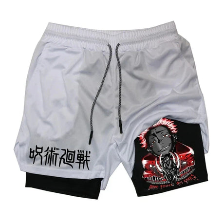 Itadori Yuji 2 in 1 Compression Shorts for Men Anime Jujutsu Kaisen Performance Shorts Basketball Sports Gym Shorts with Pockets