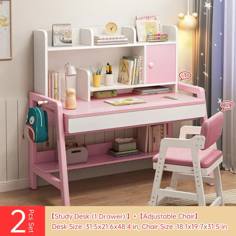 Kids Study Desk and Chair Set, All Solid Wood Children Table and Chair Set Bedroom Furniture, Student Table Office Computer Desk