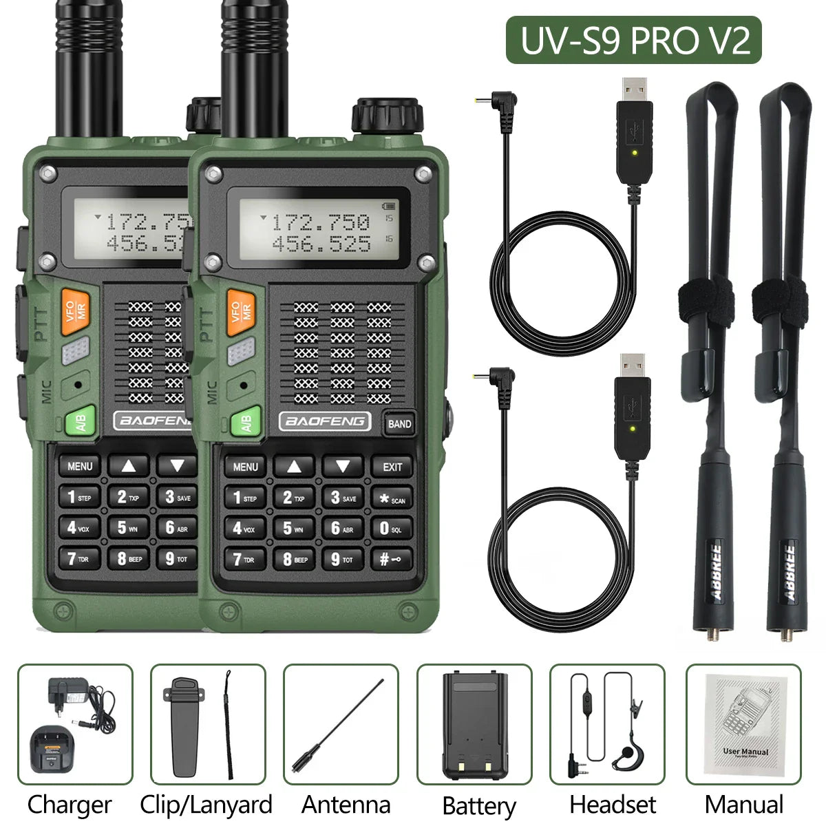 2PCS BaoFeng UV-S9 Pro V2 Walkie Talkie 10KM Long Range Transceiver Communicator Waterproof 10W Powerful UHF VHF Two Way Radio