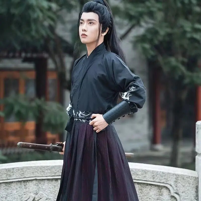 Large Size 4XL Hanfu Men Chinese Traditional Cosplay Costume Halloween Cos Costume Ancient Hanfu Black&Red Shirt+Skirt Sets