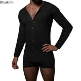 New 2024 Men's Sexy Pajamas Sets Casual One Piece Men Long Sleeve Solid Romper Single-breasted Jumpsuit Sleepwear Nightwear Male