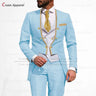 Latest Royal Blue Suit Men 3Pcs Slim Fit Wedding Best Man Groom Tuxedo Double Breasted Gold Trim Jacket Vest Pants Set Tailcoat