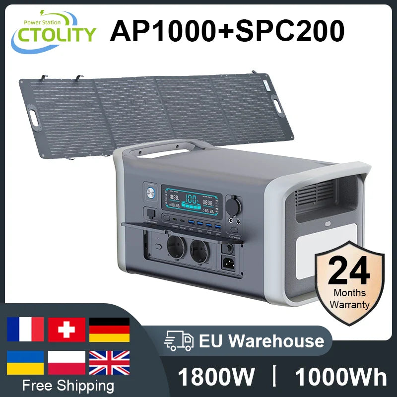 Camping Solar Generator Portable Power Station 2400W 1800W 1000W 600W,ETFE Flodable Solar Panel 100W 200W, LifePo4 Portable Back