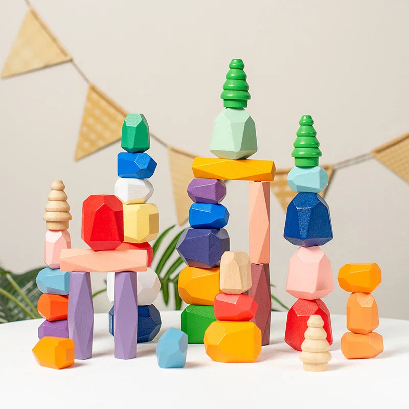 Children Wooden Colored Stone Balanc Building Blocks Educational Toy Creative Nordic Style Stacking Game Rainbow Wooden Toy Gift