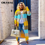 CM.YAYA Plus size Women Knit Ribbed Patchwork Long Sleeve Open Stitch Maxi Long Jumper Sweater  Fashion Autumn Winter Cardigan