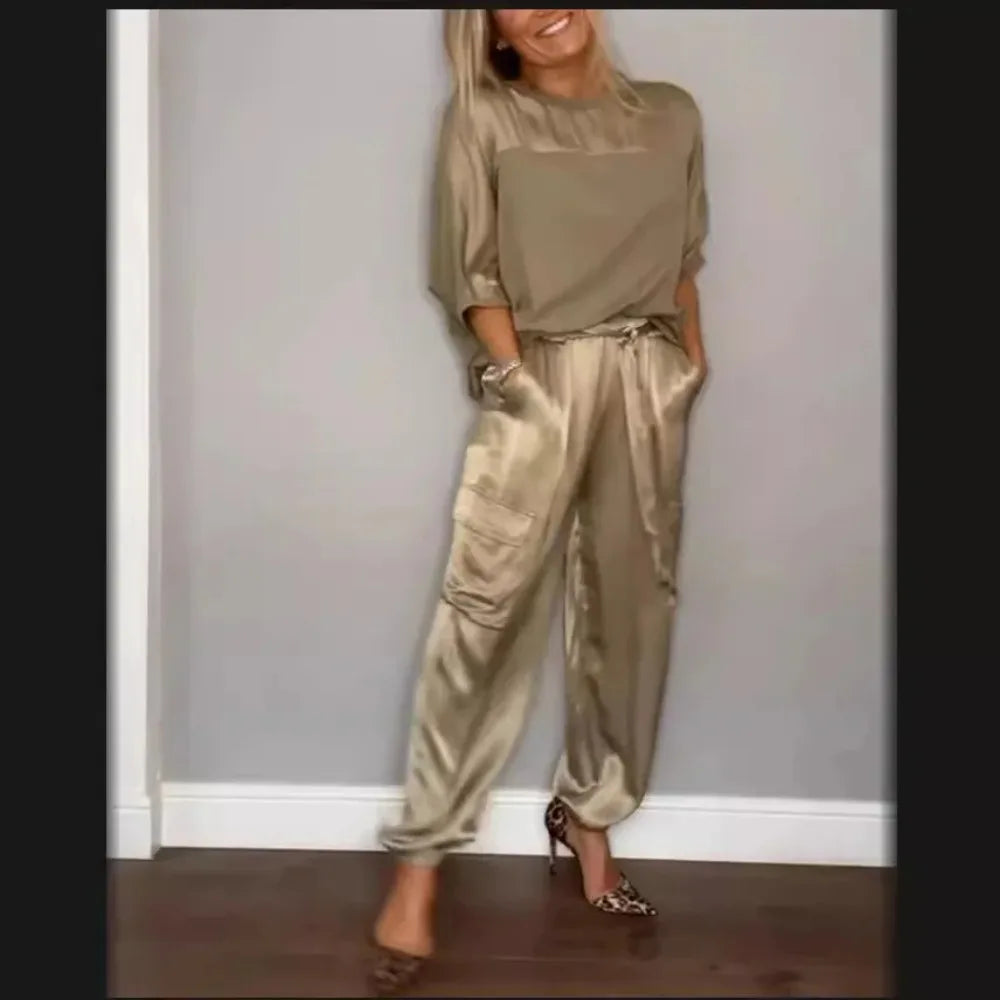 Spring/Summer Women's Set Fashion Satin Round Neck Long Sleeved Top and Pants Set Casual Loose and Elegant Women's Two Piece Set