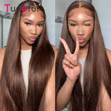 Chocolate Brown Colored 13x4 HD Lace Front Human Hair Wigs Raw Indian Straight Human Hair Wigs HD Transparent Lace Frontal Wigs