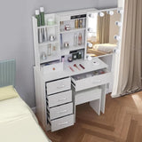 Logimiz Modern Vanity Desk with Mirror and Lights, White Vanity Desk with Stool and 6 Storage Drawers, Bedroom Makeup Vanity